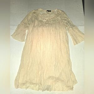 J Gee Shift Lined Dress Cream Crepe Lace  Bell Sleeves Boho